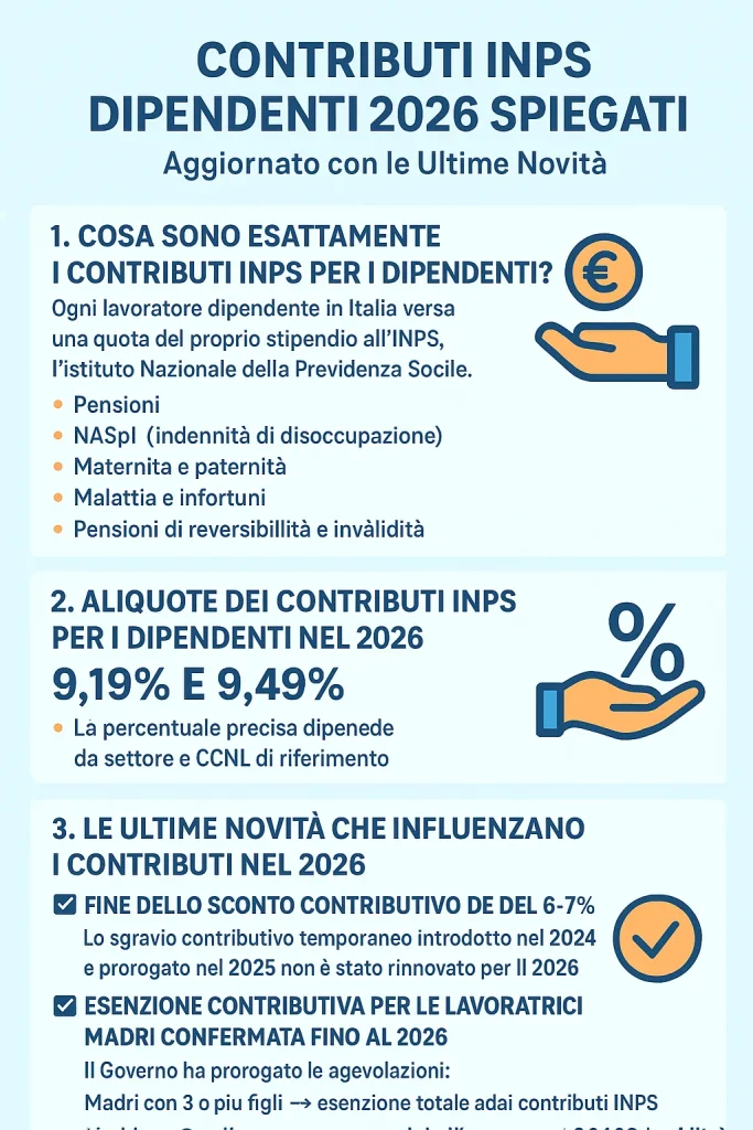 Contributi INPS Dipendenti 2026 Spiegati (Aggiornato con le Ultime Novità) 1 infografo che mostra Contributi INPS Dipendenti 2026 Spiegati