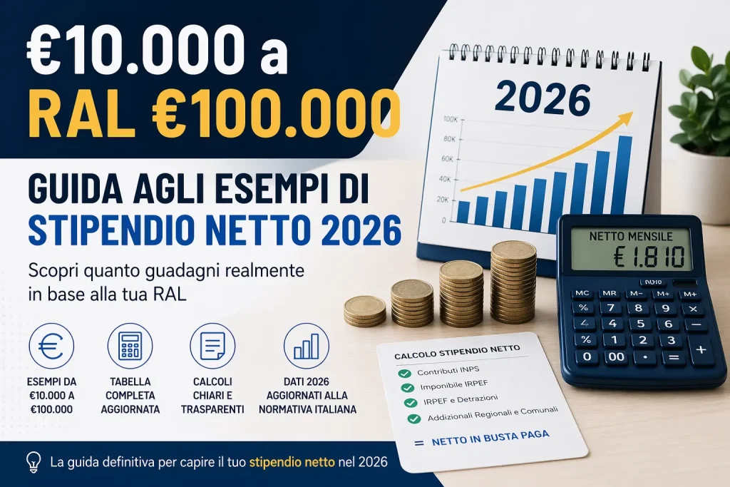 Calcolo stipendio netto 2026 in Italia esempi reali da RAL 10.000 a 100.000