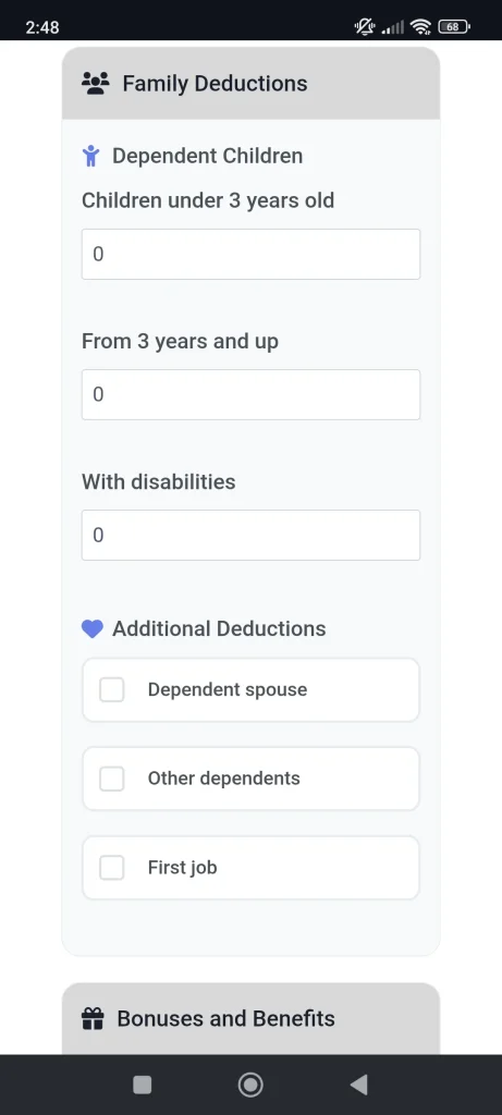 Inserire le detrazioni familiari, i bonus e i benefici nella sezione "Altro".